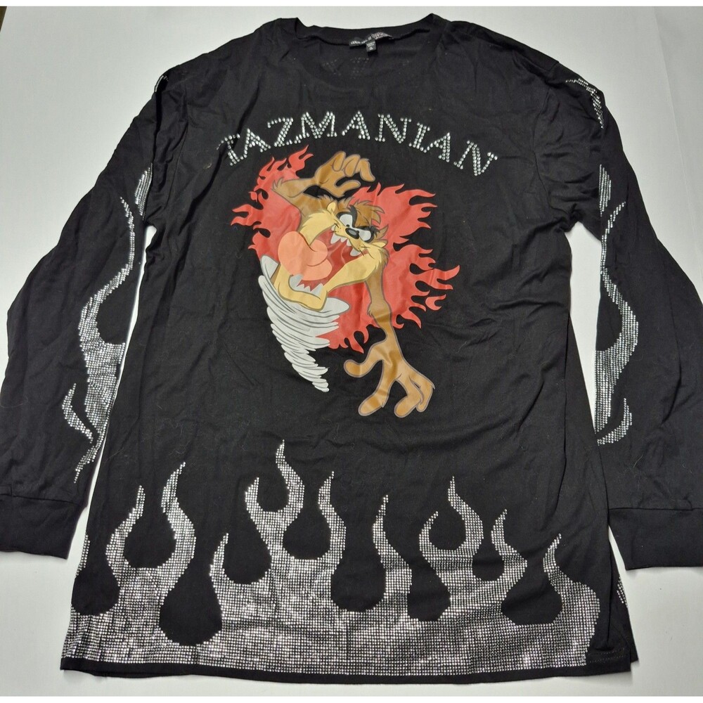 Dolls Kill Looney Tunes Tazmanian Devil Rhinestone Flame Long Sleeve Shirt L